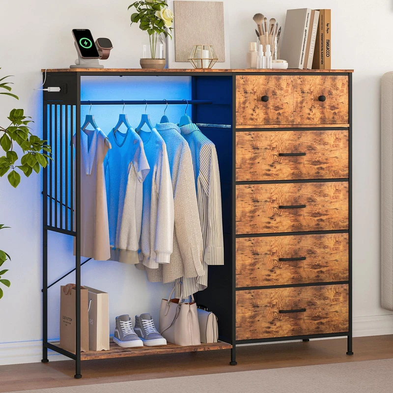 GarveeLife 49.2" w Drawer Cabinet with Hanging Rod - Metal Frame Drawer Cabinet, 6 Drawer Storage Cabinet, Led Lights & Charging Station, Non-Woven Fabric, Space-Saving Storage, Brown