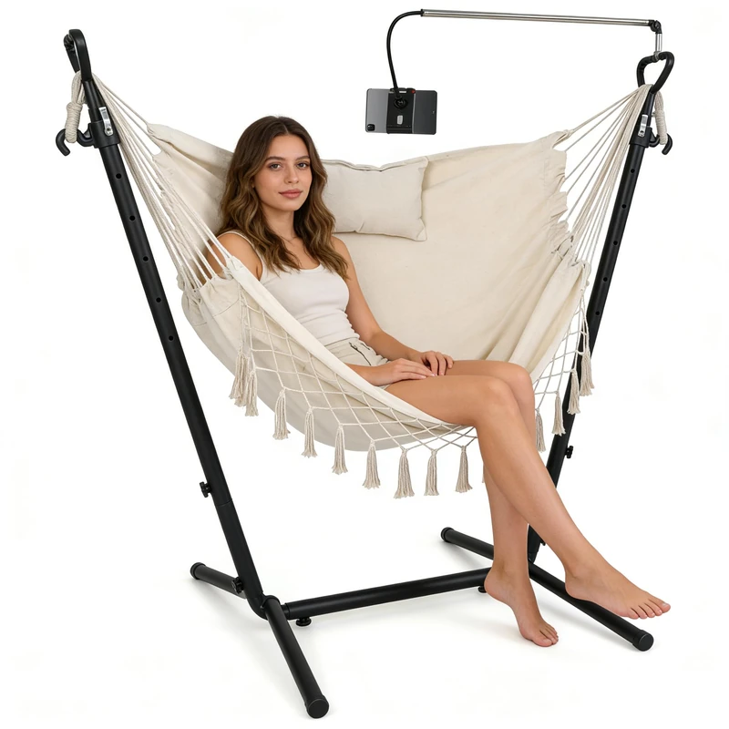 RELAX4LIFE Hammock Chair with Stand and Phone Holder, 6 Height Adjustable Swing Chair with Handy Pocket and Humanized Pillow, Garden Tassels Hanging Seat for Balcony Yard Poolside (Beige) - Image 1