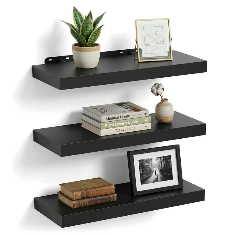 Relaxdays wall shelf, 3-piece set, HxWxD: 4 x 60 x 23 cm, wood-effect, metal, for living room, hallway, kitchen, black