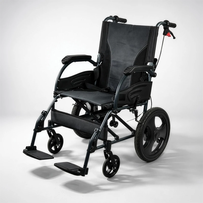 Aidapt Aluminium Attendant Propelled Wheelchair. Half Fold Backrest, Folding Frame, Flip-Up Footrests, PU Armrests, Padded Seat, Squeeze to Lock Hand Brakes, Seatbelt, Two Seat Width 20"
