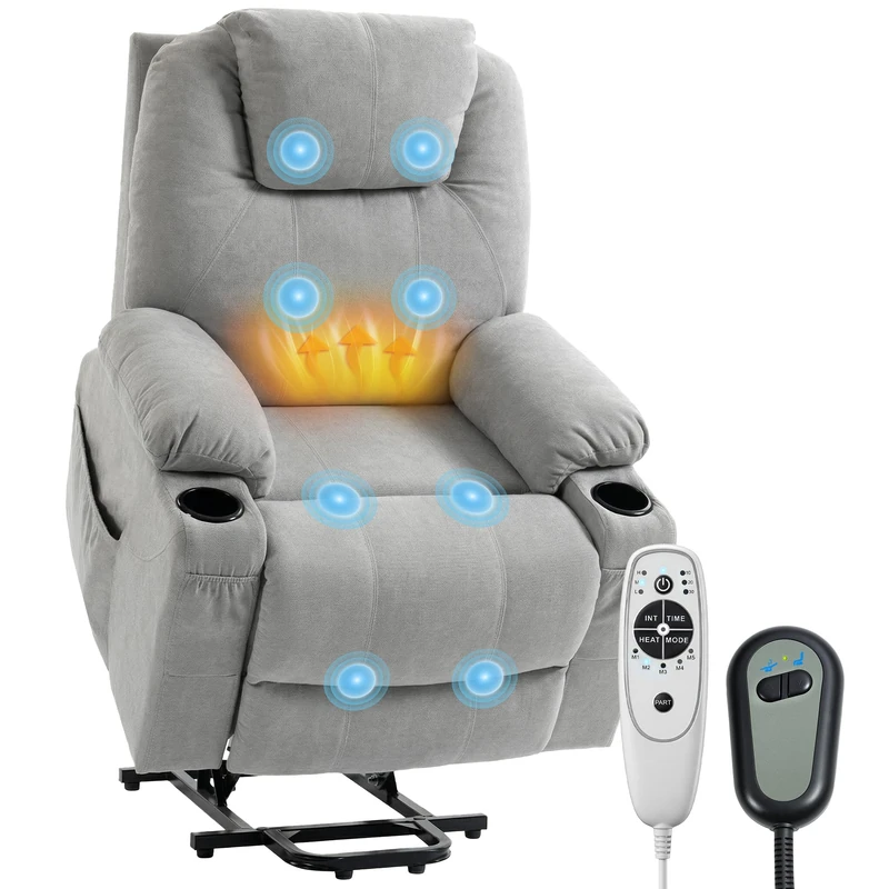 HOMCOM Power Lift Recliner Chair with Vibration Massage and Heat, Electric Lift Chair with Pocket Spring & Wide Backrest, Fabric Riser and Reclining Armchair with Remote, Side Pockets, Light Grey