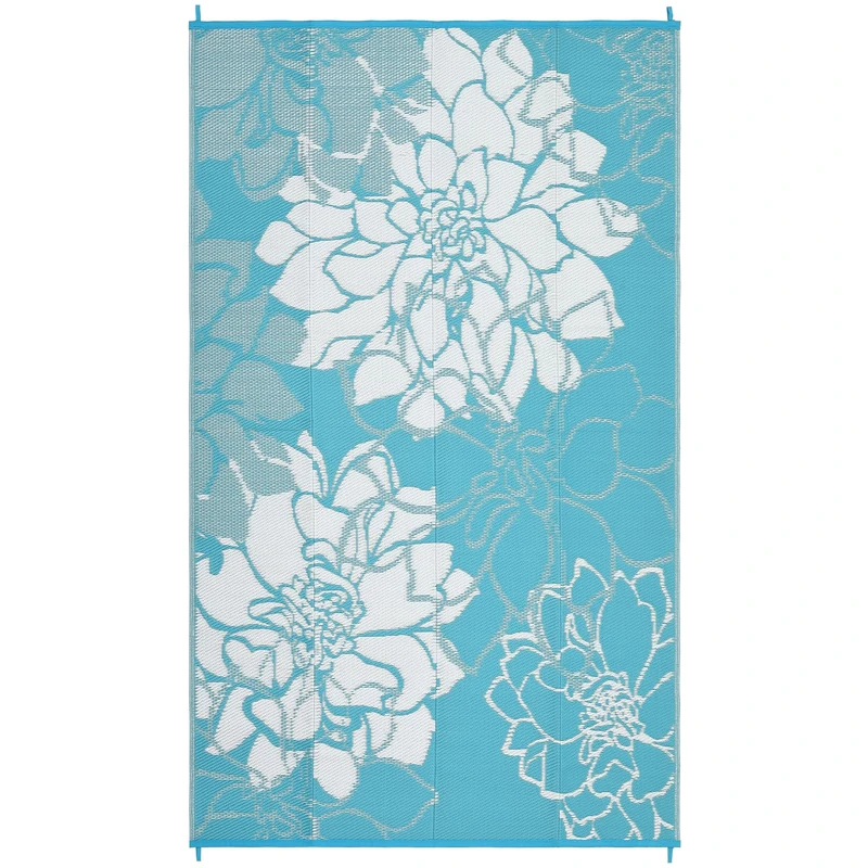 Garvee 320gsm Floral Woven Plastic Outdoor Rug – Waterproof Reversible, UV Resistant, Portable Camping, Washable with Tube, for Patio and Balcony, Light Blue - Image 1