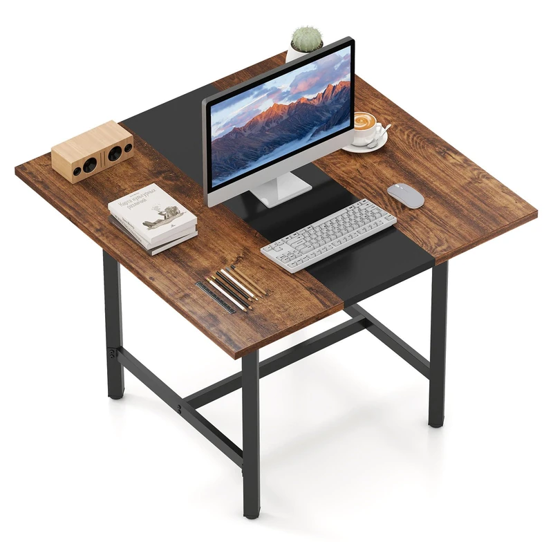 CASART 100CM Square Conference Desk, Industrial Meeting Table Computer Desk with Thickened Tabletop & Metal Frame, Wooden Writing Desk Study Workstation for Home Office (Rustic Brown)