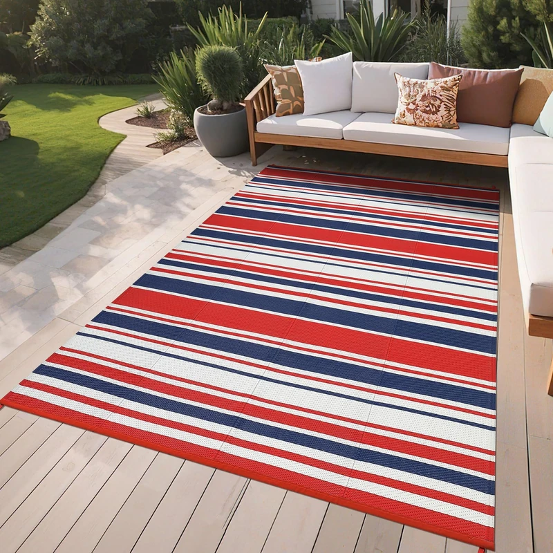 Garvee Outdoor Rug in Braided PP 320 GSM – Reversible, Waterproof, Foldable and Lightweight, Large Rug for Patio/Deck/Balcony/RV/Camping, Red/Dark Blue/White