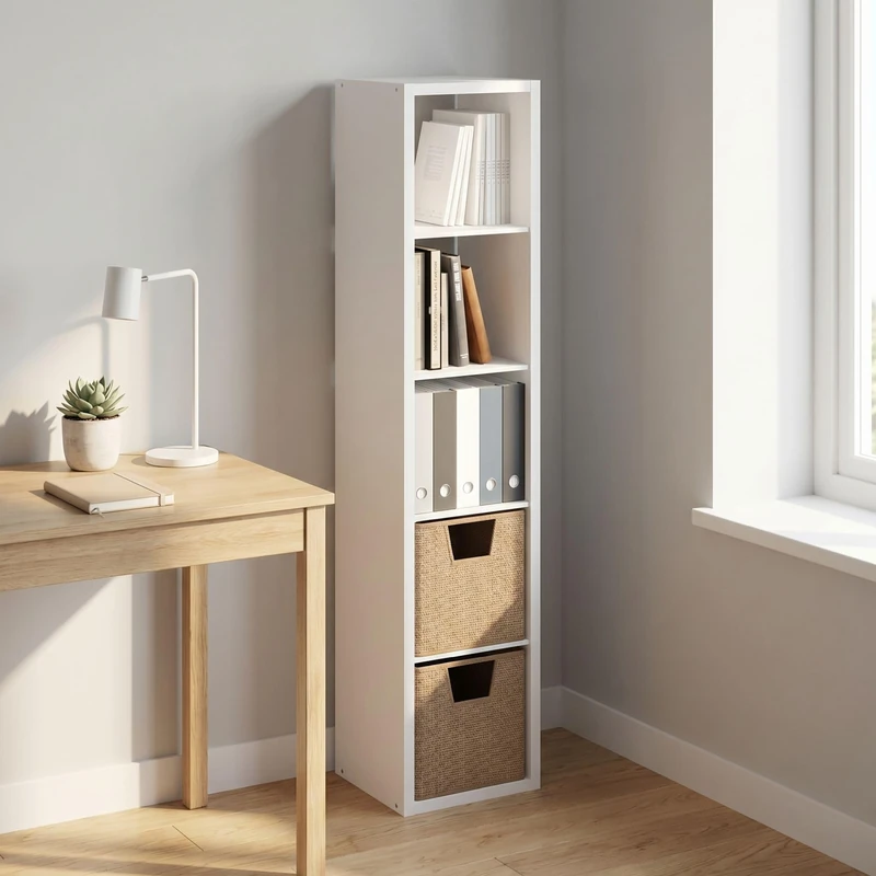 Furinno CUBICLE 5-Cube Vertical Thick Frame Bookshelf, Horizontally & Vertically Reversible Bookcase with Open Back, 37.08 x 40.39 x 182.88 cm, for Living Room, Bedroom, Home Office, Plain White - Image 1