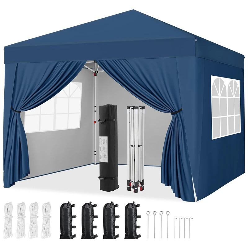 Yaheetech Pop-Up Gazebo 2x2 with 4 Removable Side Panels, Silver-costed Oxford Marquee Canopy with Wheeled Bag & Sandbags, Metal Frame Shelter Tent for Outdoor Garden Party Camping, Navy Blue