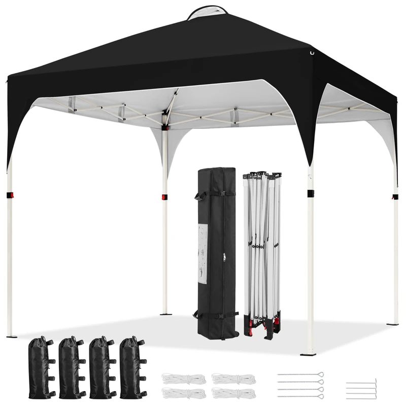 Yaheetech Pop Up Gazebo, 2x2m Instant Foldinng Shelter with Wheeled Bag, 4 Sandbags, 4 Ropes, 8 Stakes, Metal Frame, Adjustable Height, Top Air Vent, Black