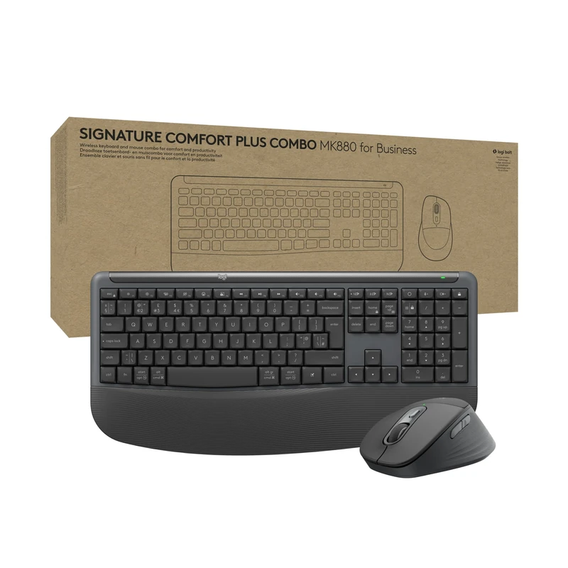 Logitech Signature Comfort Plus Combo MK880 for Business, Full-Size Wireless Keyboard and Mouse with Palm Rest, Silent Clicks, Secure Receiver, Bluetooth, Windows/macOS, QWERTY UK English - Graphite