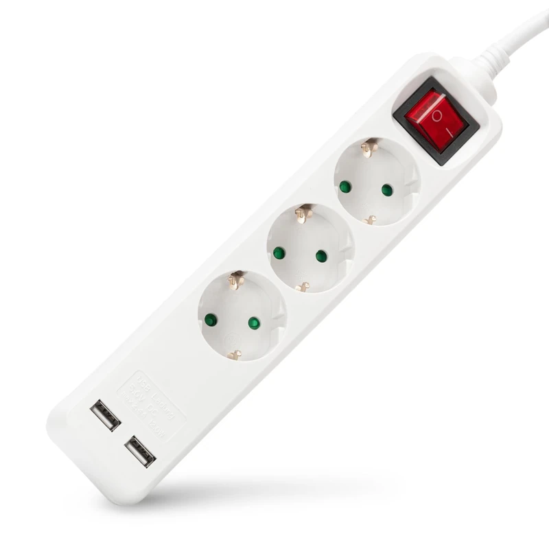 Entac 3-Way Power Strip with USB, Switch, 1.5m Cable, White