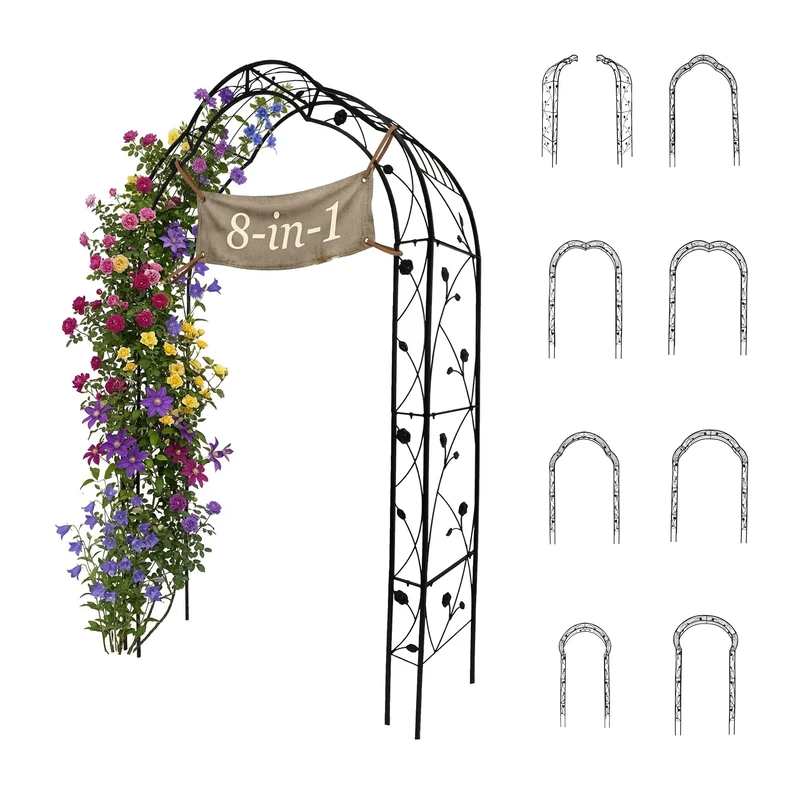 Relaxdays 8-in-1 Rose Arch, modular trellis, 236–252 cm H x 75–163 cm W, weatherproof, 2 half-arches, black
