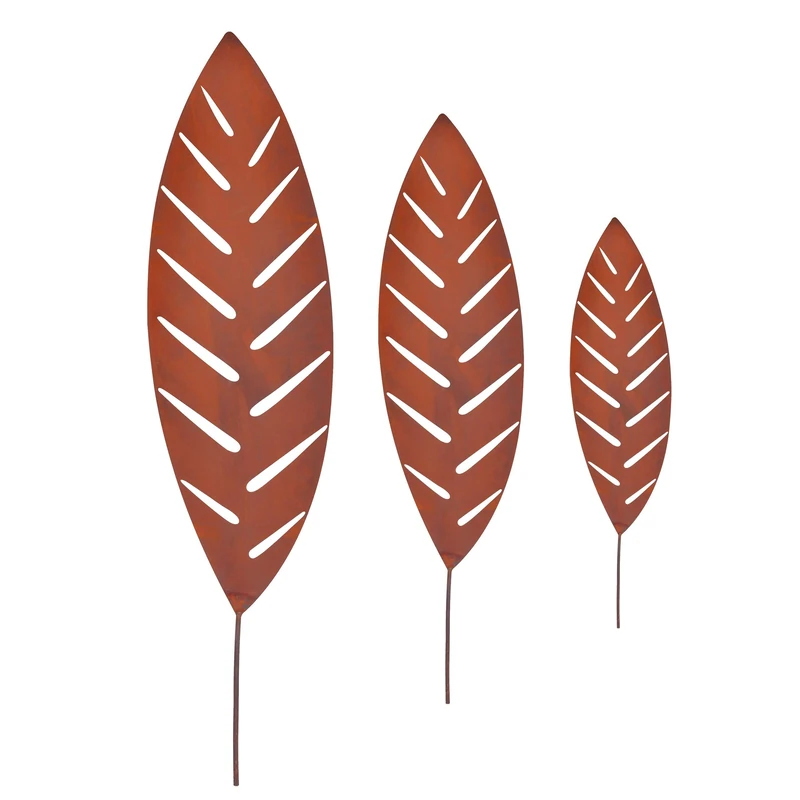 Relaxdays Palm Leaf Garden Stakes, Set of 3, Rust-finish Metal, H: 50–100 cm, Outdoor Garden Decor, Brown