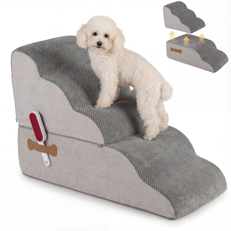GYMAX Dog Stairs, 4/5 Steps High-Density Foam Pet Ramp Ladder with Washable Cover and Non-Slip Bottom, Multifunctional Dog Steps for Bed & Sofa (5)