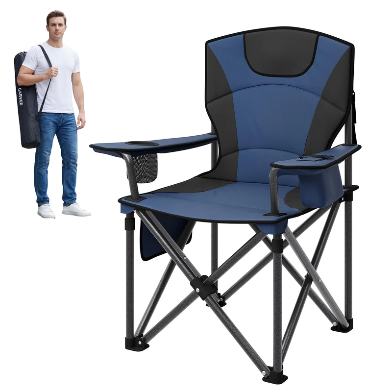 GarveeLife Camping Chair Foldable up to 200 kg Load Capacity, Ultra Large Fishing Chair 64 cm with High Backrest & Padding, Camping Chair with Carry Bag for Garden, Balcony, Beach, Navy Blue - Image 1
