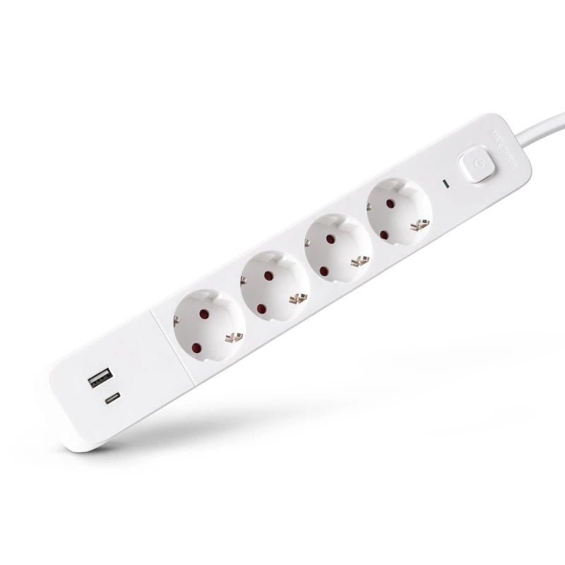 Entac Power Strip with 4 Sockets, 1x USB-A and 1x USB-C, 1.5 m Cable, White