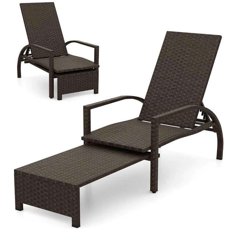 RELAX4LIFE Rattan Sun Lounger, 5/6-Position Adjustable Patio Chaise Lounge Chair with Retractable Ottoman, Outdoor Recliner Chair for Backyard, Poolside and Beach (Mixed Brown, Rattan)