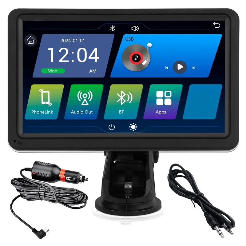 Simply Auto 7 Inch Smart In-Car Display – Wireless Apple CarPlay & Android Auto, Bluetooth Hands-Free, FM Transmitter, AUX, Screen Mirroring, Voice Assistant, 1024x600 Touch Screen