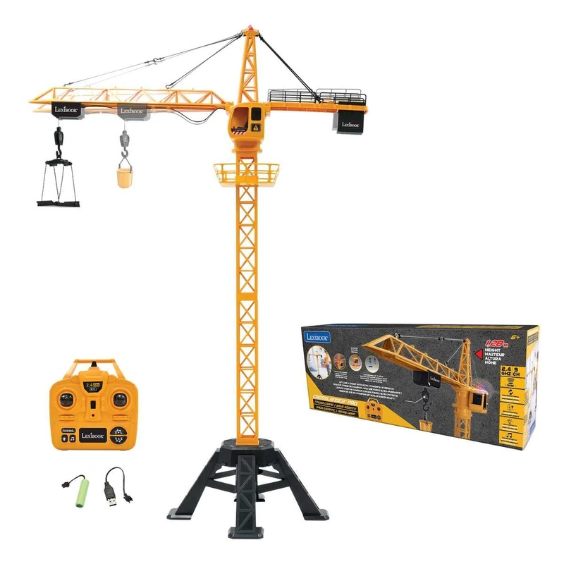 LEXIBOOK, Crosslander® Pro, RC Crane, Remote-controlled tower crane, Height 1.28 m/4.20 ft, Lifts up to 500g /1.10 lb, Multidirectional, Sound and light effects, Yellow, RCP35LXB