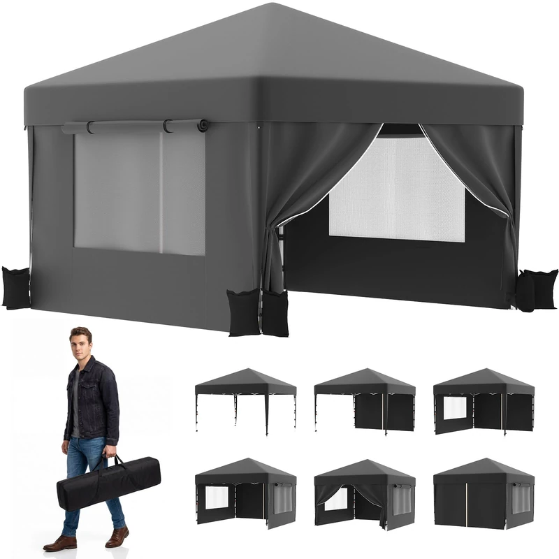 JUMMICO 3x3m Pop Up Gazebo with Side Panels, UPF50+ UV Protection Waterproof Windproof Canopy with Insect Mesh, 3-Min Tool-Free Setup, 3-Level Adjustable Height for Patio Camping Wedding - Grey