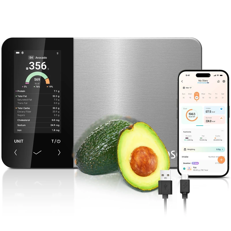 Cosori Smart Kitchen Food Scales, Free App with Extensive UK Food Database, Premium Calorie Counting Scale, Clear Color Display, AI Scan, Track 19 Nutrients, USB-C, Offline Mode, Stainless Steel