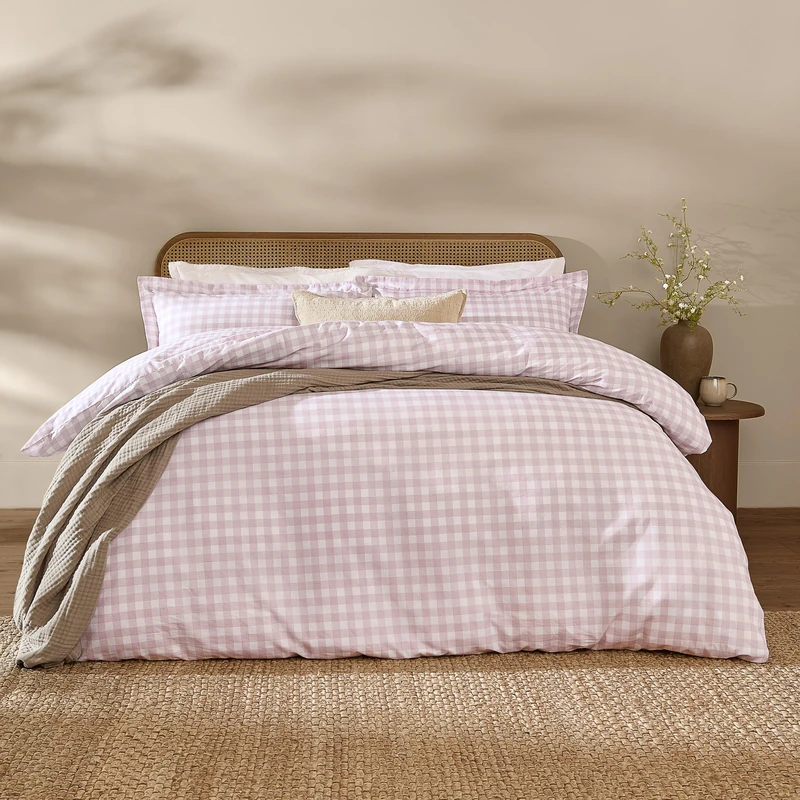 Yard Barton Gingham Check Duvet Cover Set – 100% Cotton Reversible Oxford Pillowcases Soft & Breathable Premium Bedding (Sugared Almond – King)