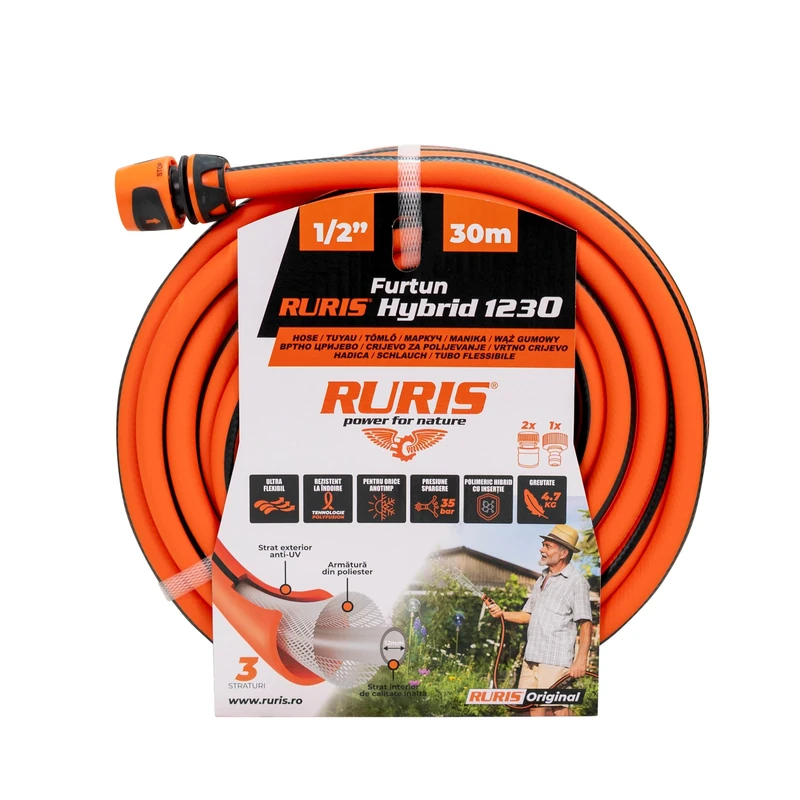 RURIS Hybrid1230 Garden Hose – 30 m Polyfusion Technology, 3 Layers, Resistance 35 Bar Anti-Twist UV Protection, Compatible with 1/2 Inch