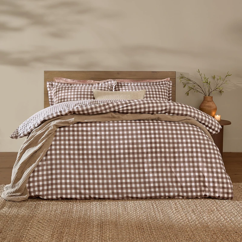 Yard Barton Gingham Check Duvet Cover Set – 100% Cotton Reversible Oxford Pillowcases Soft & Breathable Premium Bedding (Chocolate – King)