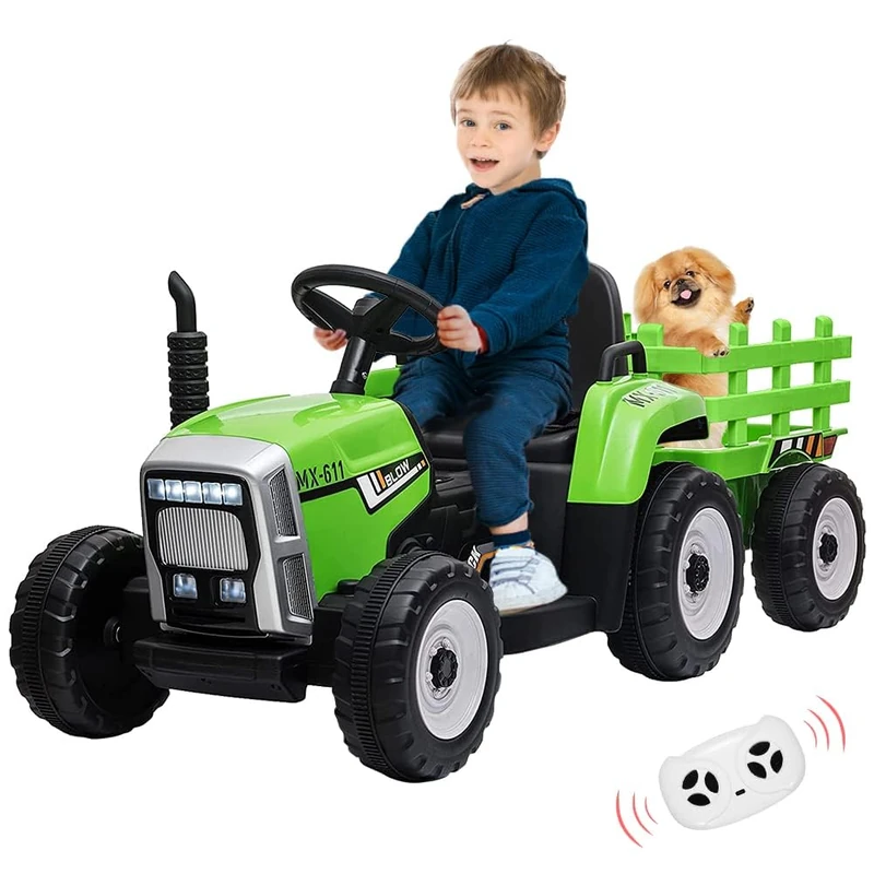 Kids Electric Tractor with Removable Trailer, 35W Electric Car Dual Motor, Parental Remote Control, LED, Music, USB/Wireless, 3 Speed, 3-8 Years, Green