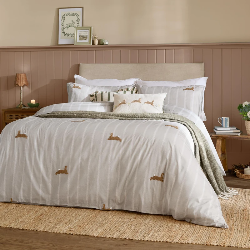 furn. Wylder Ramble Hares Duvet Cover Set – Striped Embroidered Woodland Hare Rustic Cotton Bedding (Sage – Single)
