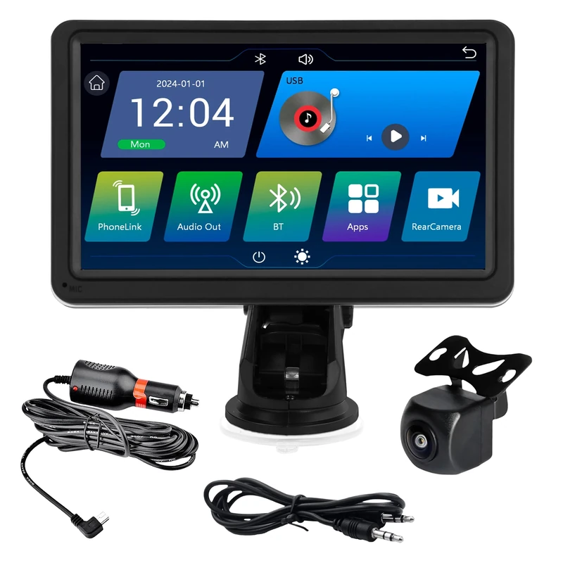 Simply Auto 7 Inch Smart In-Car Display with Rear View Camera – Wireless Apple CarPlay & Android Auto, Bluetooth Hands-Free, FM Transmitter, AUX, Screen Mirroring, Parking Guidelines
