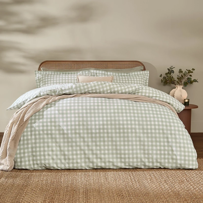 Yard Barton Gingham Check Duvet Cover Set – 100% Cotton Reversible Oxford Pillowcases Soft & Breathable Premium Bedding (Eucalyptus – Super King)