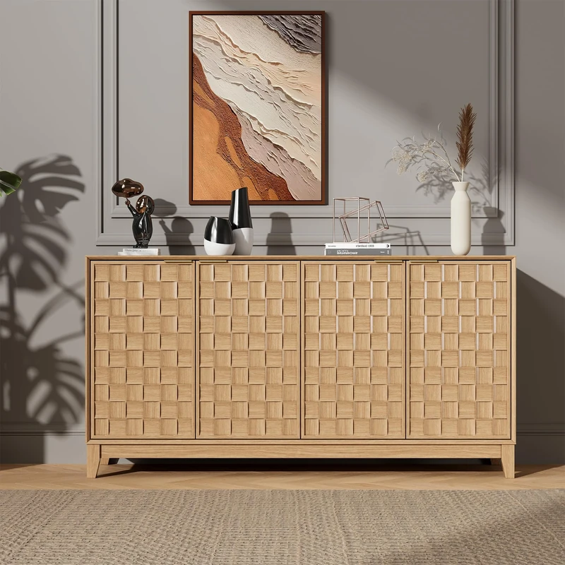 Modern Sideboard Cabinet, 4 Door Buffet Storage Cabinet, Wooden Cupboard with Adjustable Shelves & Soft Close Hinges, Large Storage Cabinet for Kitchen Island Living Room Dining Room Hallway,Oak