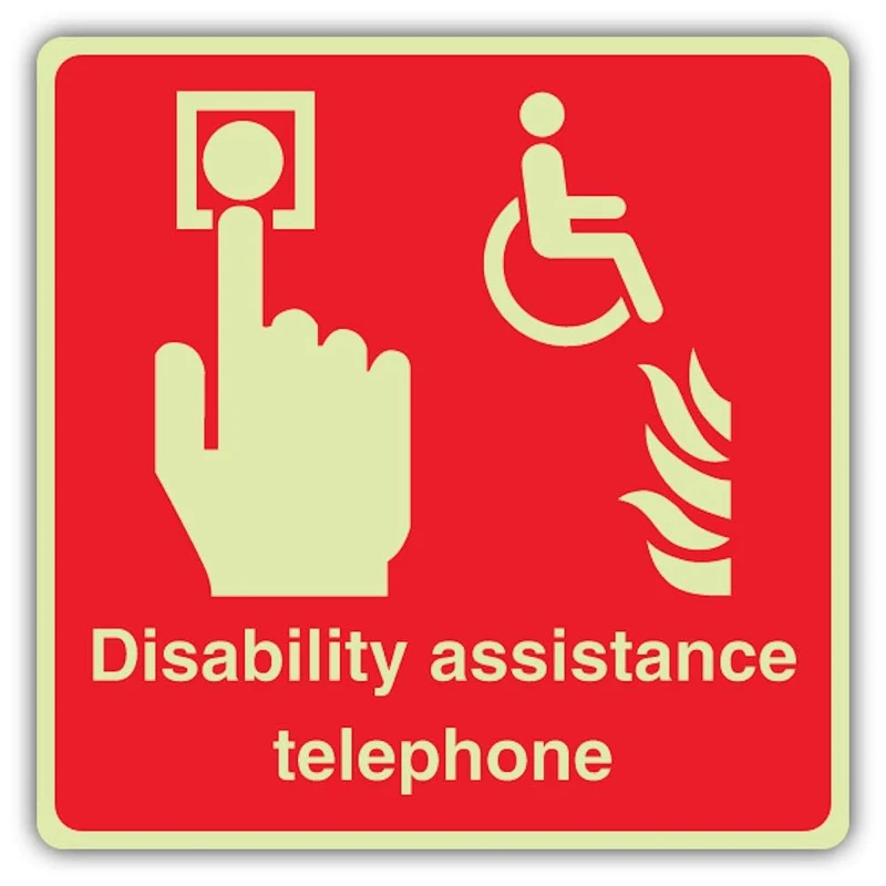 V Safety Photoluminescent Disability Assistance Telephone - Hand With Button & Wheelchair Safety Sign - 450 x 450 mm - 1.2mm Rigid Plastic - Triple Glow