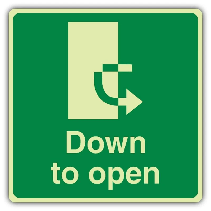 V Safety Photoluminescent Down To Open Anti-Clockwise - Square Safety Sign - 450 x 450 mm - Self Adhesive Vinyl - Triple Glow