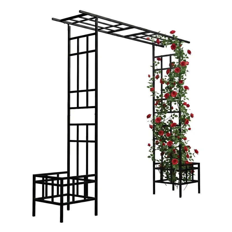 Relaxdays rose arch, planters, metal, 2 roof options, sturdy arch for climbers, black