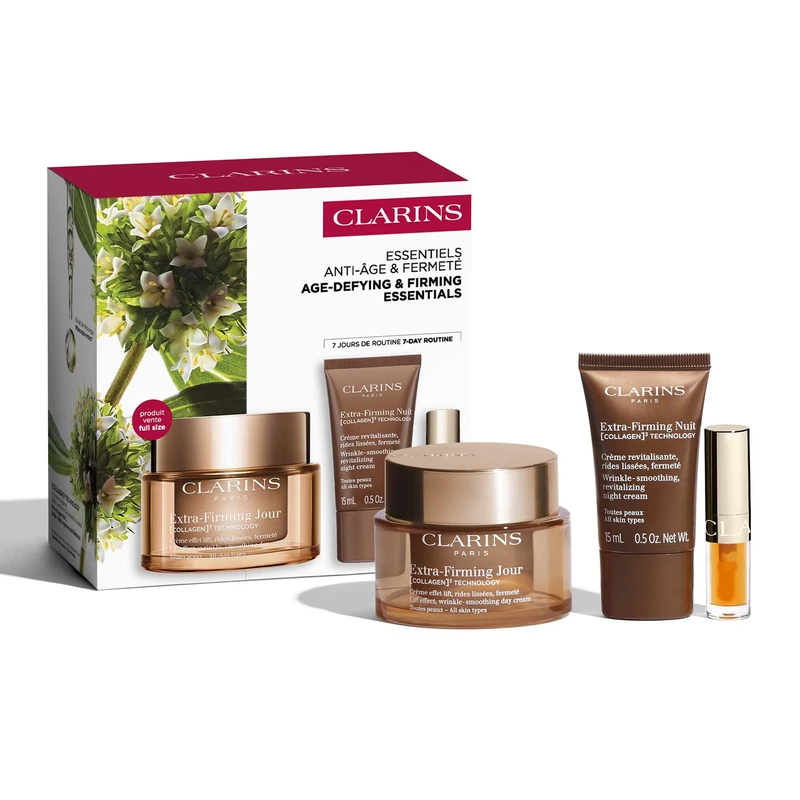 Clarins Age-Defying & Firming Essentials | Powered by [Collagen]3 Technology | Visibly Reduces Wrinkles, Firmer & Lifted Effect on Skin | Contains Extra-Firming Day Cream 50ml | Worth Over £109