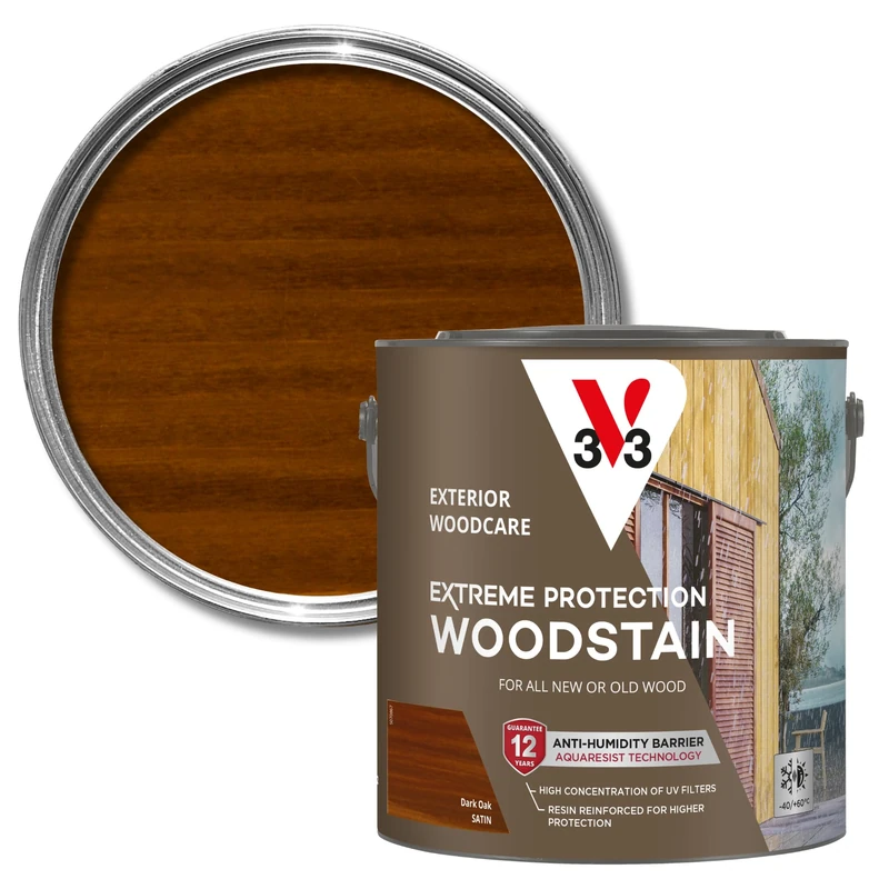 V33 Extreme Protection Woodstain - Exterior Wood Stain - NEW Water-Based Formula - 12-Year Guarantee - Waterproof Barrier - UV Resistant Technology - Dark Oak Satin 2.5L