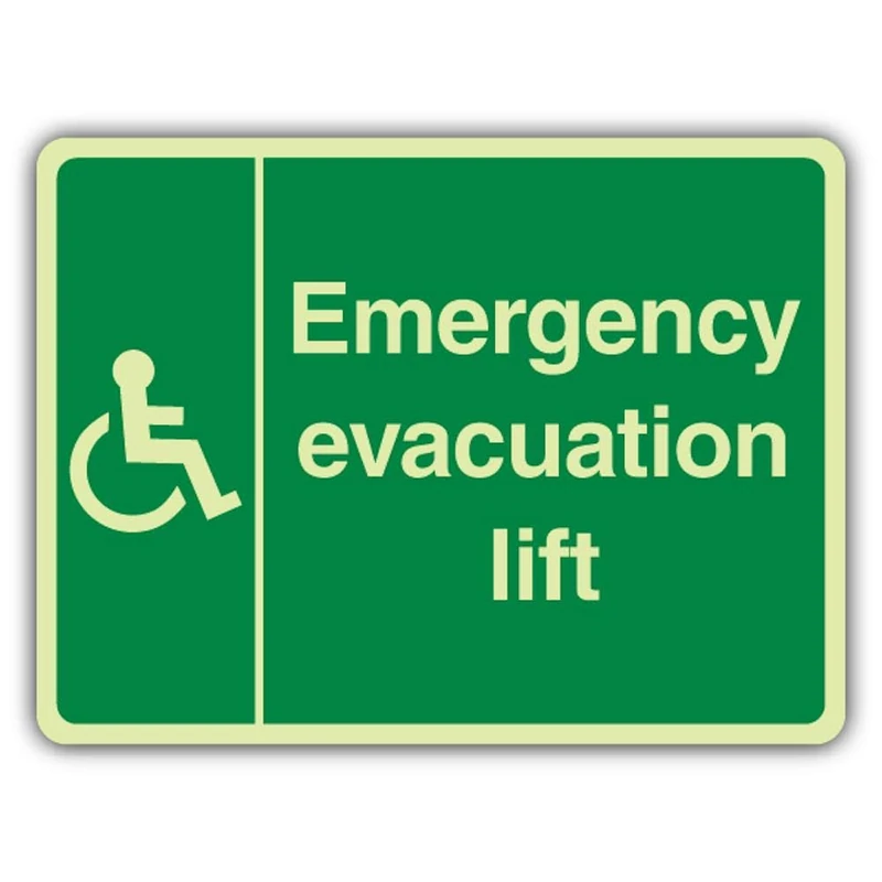 V Safety Photoluminescent Emergency Evacuation Lift - Wheelchair Right - Landscape Safety Sign - 400 x 300 mm - 1.2mm Rigid Plastic - Triple Glow