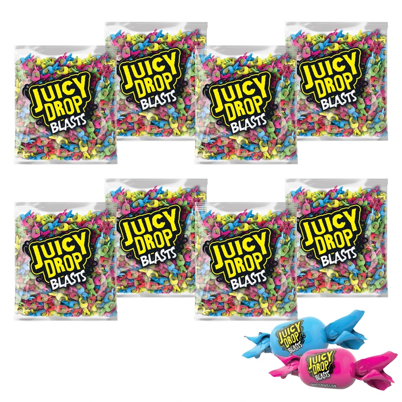 Juicy Drop Blasts (8 x 1kg Bulk Sweets) Chewy Sweet and Sour Kids Sweets for Party Bags, 6 Tasty Flavours, Individually Wrapped - Halal Candy