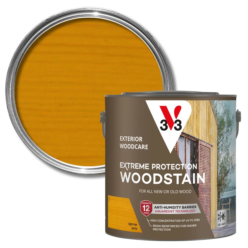 V33 Extreme Protection Woodstain - Exterior Wood Stain - NEW Water-Based Formula - 12-Year Guarantee - Waterproof Barrier - UV Resistant Technology - Light Oak Satin 2.5L