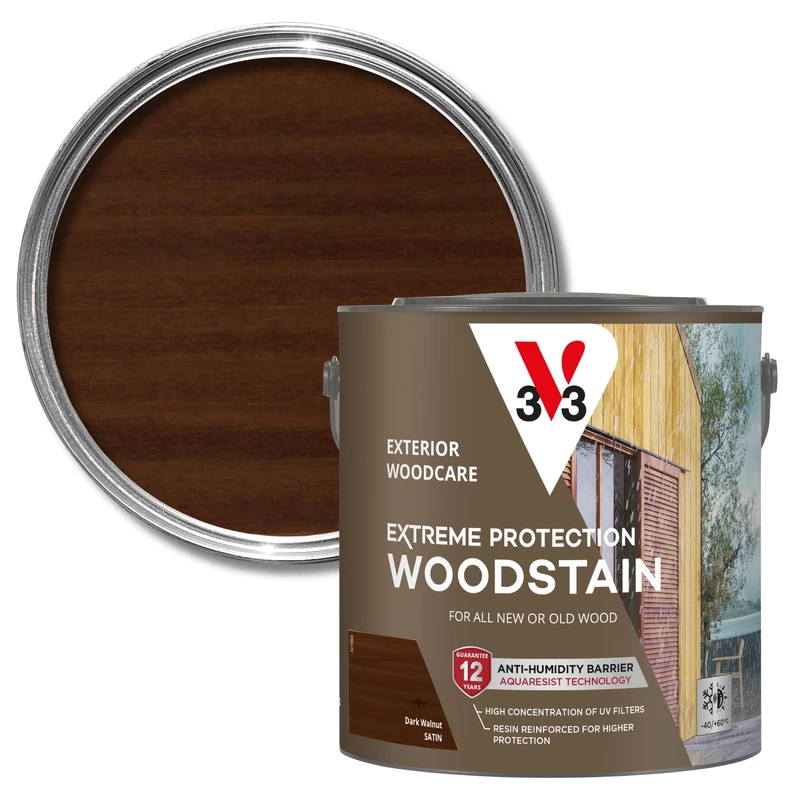 V33 Extreme Protection Woodstain - Exterior Wood Stain - NEW Water-Based Formula - 12-Year Guarantee - Waterproof Barrier - UV Resistant Technology - Dark Walnut Satin 2.5L - Image 1