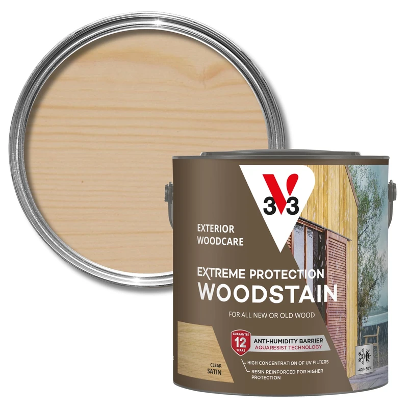 V33 Extreme Protection Woodstain - Exterior Wood Stain - NEW Water-Based Formula - 12-Year Guarantee - Waterproof Barrier - UV Resistant Technology - Clear Satin 2.5L - Image 1