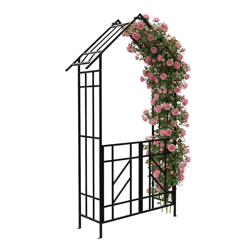 Relaxdays Rose Arch with Gate, Pointed Roof, Trellis, Front Garden & Garden, HxWxD: 247 x 148 x 43 cm, Iron, Black