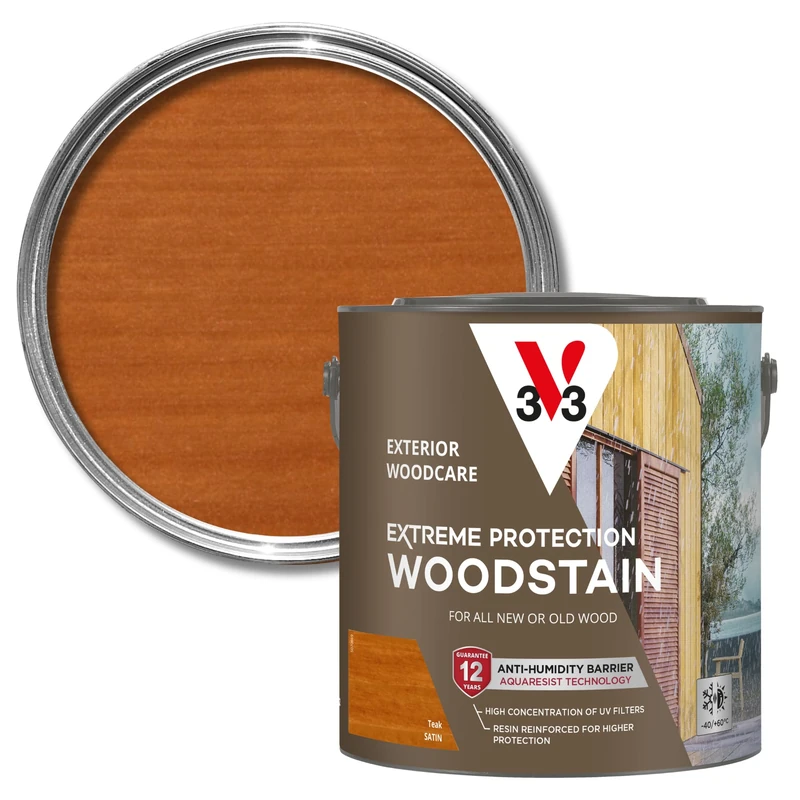 V33 Extreme Protection Woodstain - Exterior Wood Stain - NEW Water-Based Formula - 12-Year Guarantee - Waterproof Barrier - UV Resistant Technology - Teak Satin 2.5L