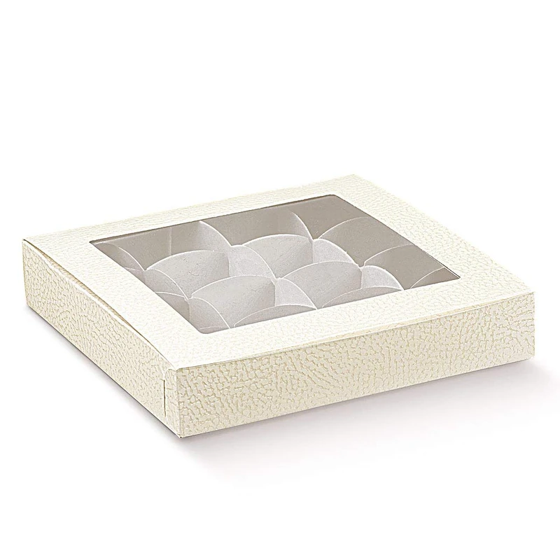 Italian Options Chocolate Boxes with Inserts, Empty Pelle White Gift Boxes for Truffles with Clear Sleeve, Food-Safe Treat Box for Wedding Favours, Gifts, 10-Pack, 215 x 145 x 35 mm, Antique White