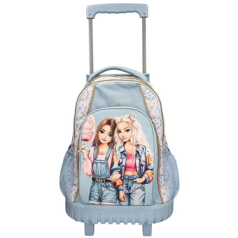 Depesche 14022 TOPModel Festival Fun School Backpack Trolley in Dark Blue and Cream with Model Motif and Flower Pattern, School Bag with Telescopic Handle and Wheels