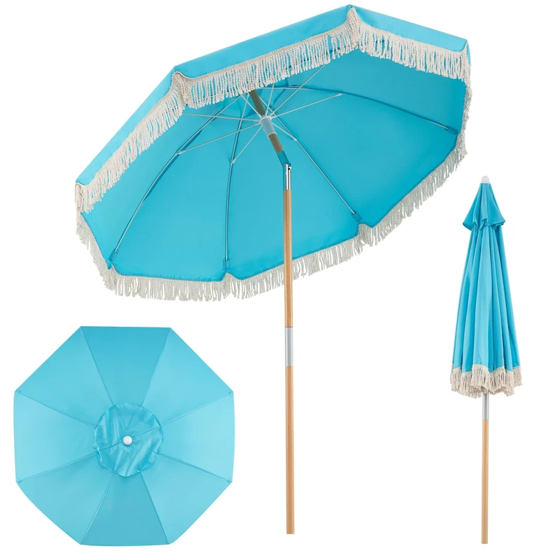 FANTASK Parasol 170 cm, Boho Beach Umbrella with Fringes, 30° Bendable on Both Sides, Wooden Garden Umbrella, Patio Umbrella, Market Umbrella for Garden, Balcony, Patio (Blue) - Image 1