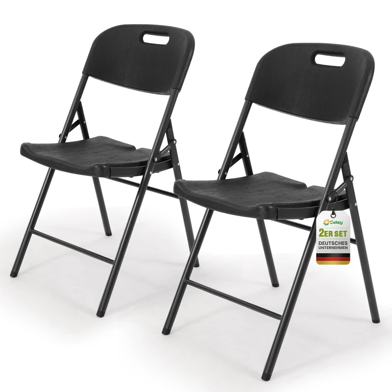 Sekey Folding Chairs, Set of 2, Plastic and Metal, Camping Chair, Garden Chair, Foldable up to 150 kg, Outdoor Chair for Dining Room, Living Room, Garden & Patio, Black