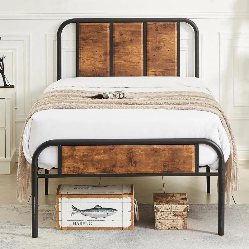 VECELO Single Bed Frame with Brown Wood Headboard, Metal Platform Bed Frame, Sturdy Steel Construction, 31 cm Under-bed Storage, No Box Spring Needed, Easy Assembly