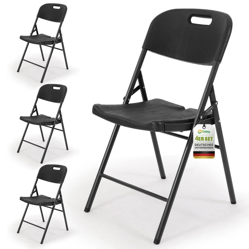 Sekey Folding Chairs, Set of 4, Plastic and Metal, Camping Chairs, Garden Chairs, Foldable up to 150 kg, Outdoor Chair for Dining Room, Living Room, Garden & Patio, Black