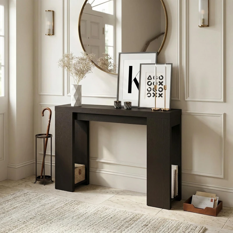Furinno ARA Entryway Table 119.4cm, Narrow Console Table, Sofa Table with Bottom Shelf, Couch Table Behind Sofa, Farmhouse Entryway Table for Entrance, Hallway, Living Room, Black Dark Oak